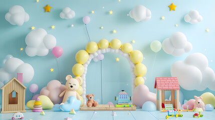Fototapeta premium Arch takes center stage, adorned with pastel balloons drifting amidst fluffy clouds and twinkling stars. Scatter big kids toys and decorative clouds on the floor, and place a cheerful teddy bear 