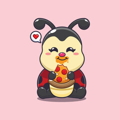 ladybug eating pizza cartoon vector illustration