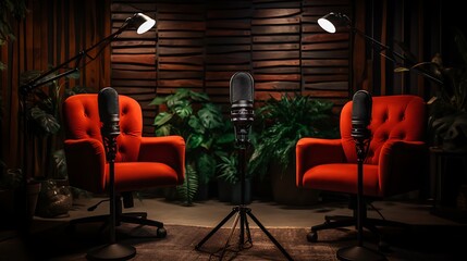 Modern podcast design interior with wo chairs and a mic