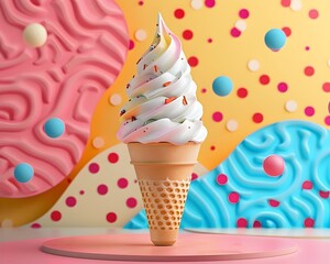 Vibrant and Textured Ice Cream Cone with Abstract Shapes and Bold Colors on Minimalist Background