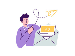 A man sends an email newsletter with advertising. Email marketing, internet marketing tools, and promotion. Trendy vector flat illustration isolated on a white background.