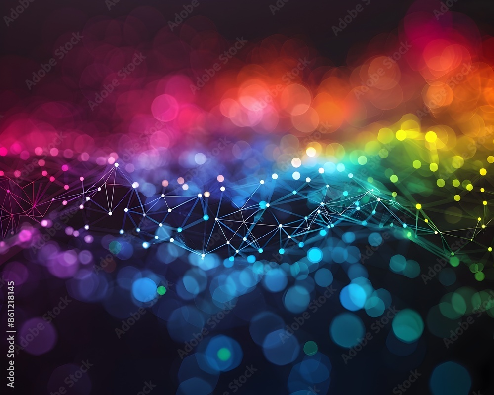 Poster vibrant interconnected algorithms visualized as colorful networks and nodes