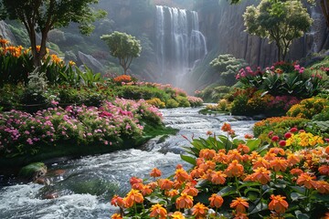 Naklejka premium Beautiful Paradise Land with Flower and Waterfall created with Generative AI