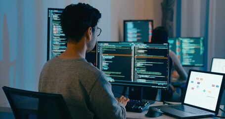 Group Adult Asia male, female freelance typing write prompt AI bot IT app smart program nomad, video game, terminal with coding language, designer, big data center on desktop computer in night office. - Powered by Adobe