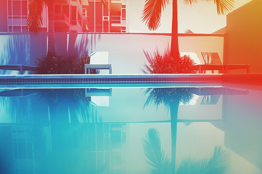 A luxurious pool with crystal clear water and palm trees reflected in the surface under a stunning gradient sky creating a serene tropical escape