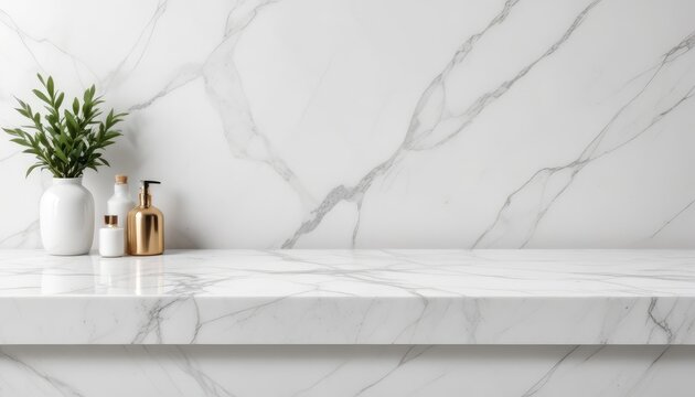 minimalist white marble countertop with blurred white backdrop for product mockup presentation