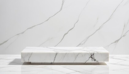 minimalist white marble countertop with blurred white backdrop for product mockup presentation