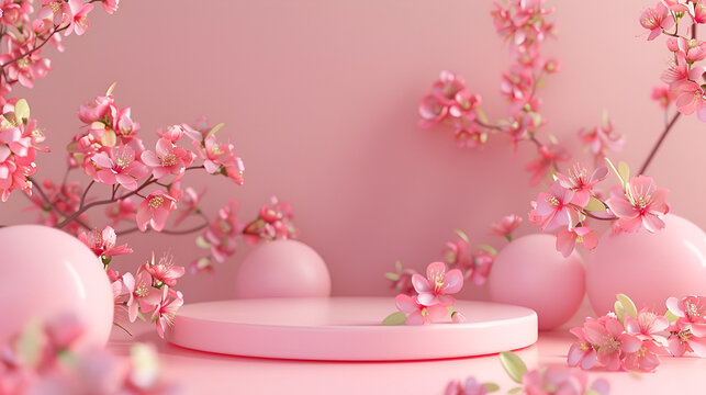Pink display podium decorated with pink blossom tree on pink background, 3D display a pink podium with a flower and leafy backdrop, Perfect for beauty product promotion, Cherry Blossoms Adorning 