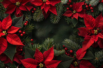 A wreath of red poinsettias and green leaves