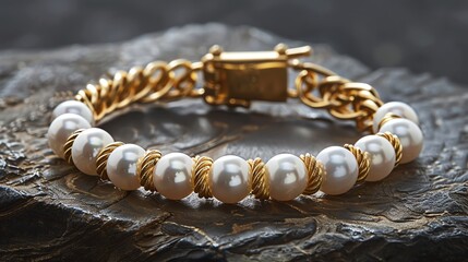 Luxurious gold and pearl bracelet, presented on a polished stone surface