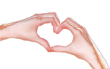Two hands forming Heart shape isolated trendy retro magazine halftone colors dotted texture vintage collage element on a transparent background.