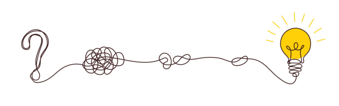 Solution concept of chaos in thoughts with hanging light bulbs with one glowing. Complex problem solving process in hand drawn style. Vector illustration