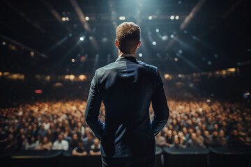 Fototapeta premium Generative AI illustration motivational speaker with microphone in hand in front of audience at conference room