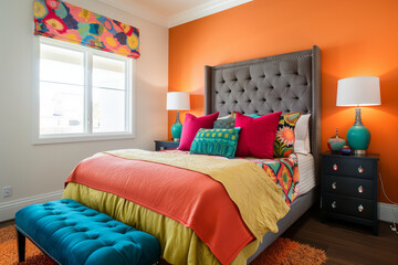 Vibrant bedroom with orange walls and colorful bedding, modern decor, large window, natural light, playful and energetic atmosphere, cozy and stylish, eclectic design