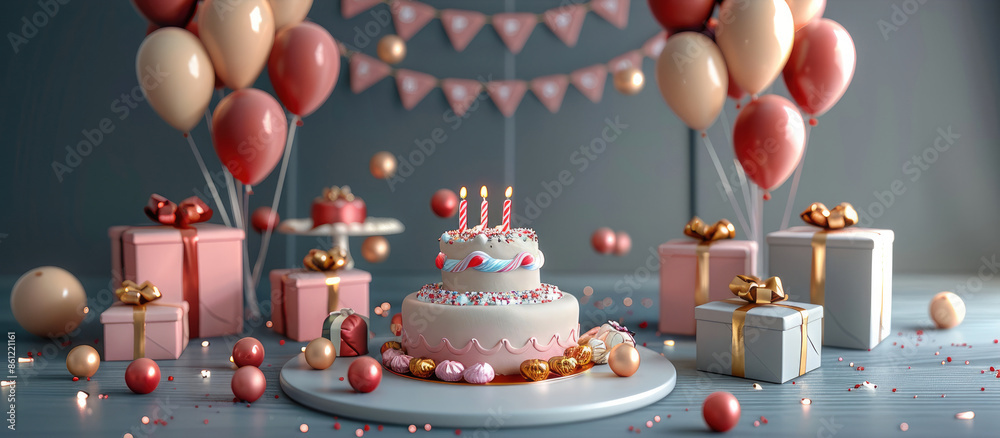 Poster 3d rendering of a birthday party with balloons, cake, and gifts on a circle-shaped table. generative