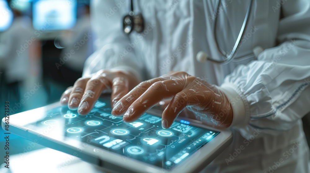 Aufkleber the hands of a healthcare professional engaged with ai technology on a digital tablet. surround the 