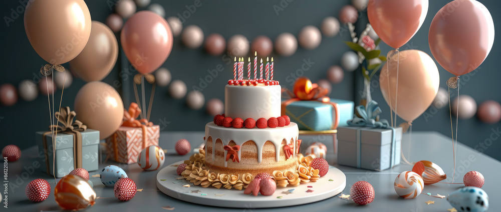 Poster 3d rendering of a birthday party with balloons, cake, and gifts on a circle-shaped table. generative
