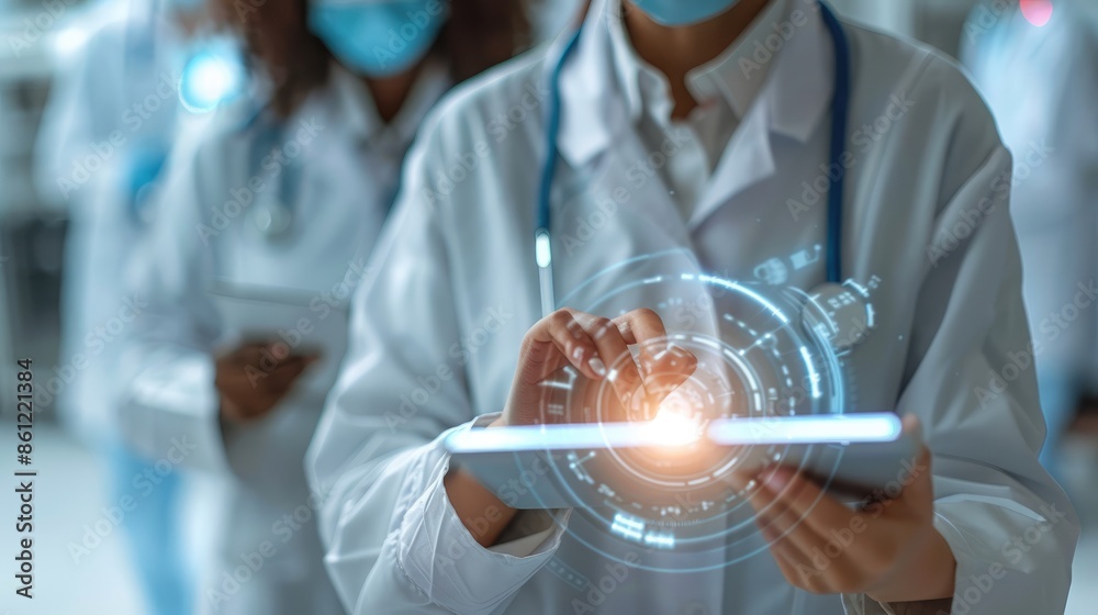 Aufkleber the hands of a healthcare professional engaged with ai technology on a digital tablet. surround the 