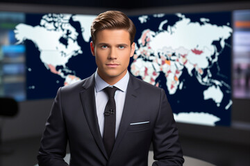 Professional reporter journalist in front of camera making breaking news reportage Generative AI picture
