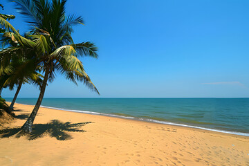 A picturesque summer beach scene with golden sand stretching out towards a calm, turquoise sea. Palm trees line the shore, their fronds swaying gently in the warm breeze. The sky is a clear, deep blue