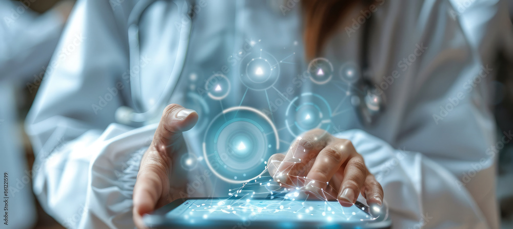 Fototapete The hands of a healthcare professional engaged with AI technology on a digital tablet. Surround the scene with futuristic medical data. Generative AI.