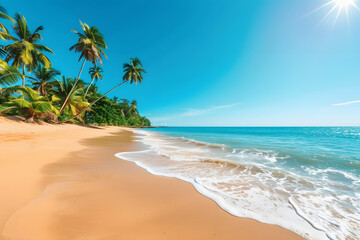 A picturesque summer beach scene with golden sand stretching out towards a calm, turquoise sea. Palm trees line the shore, their fronds swaying gently in the warm breeze. The sky is a clear, deep blue