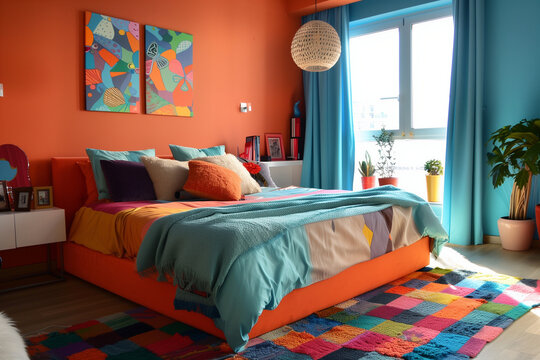 Vibrant bedroom with orange walls, colorful bedding, modern decor, large window, natural light, playful and energetic atmosphere, eclectic style, cozy and inviting, stylish design - Powered by Adobe