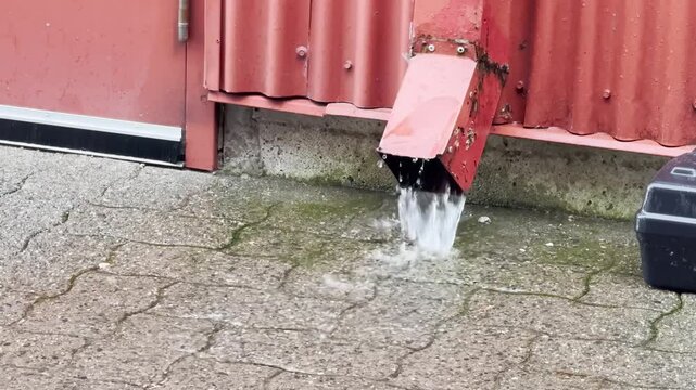 A red metal gutter overflowing with rainwater cascades onto a brick sidewalk below. The gutter itself appears securely fastened to the building&rsquo;s exterior wall during a heavy downpour.