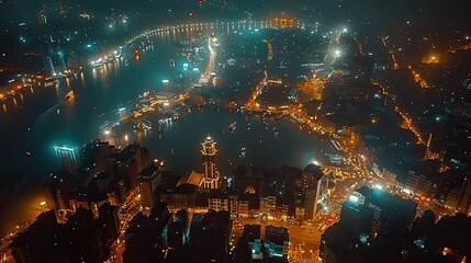 Fototapeta premium Aerial view of a bustling Asian city with night lights