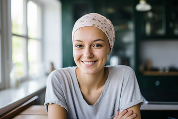 Cancer awareness conceptual Generative AI illustration with bald hairless person after chemo treatment