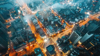 Aerial view of a bustling Asian city with night lights
