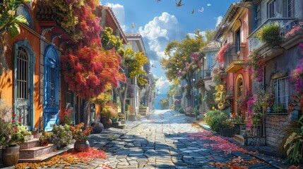 Fototapeta premium Ancient European town with cobblestone streets and vibrant houses