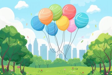 A cheerful illustration of graduation balloons with congratulatory messages against a backdrop of a city park setting. Generative AI