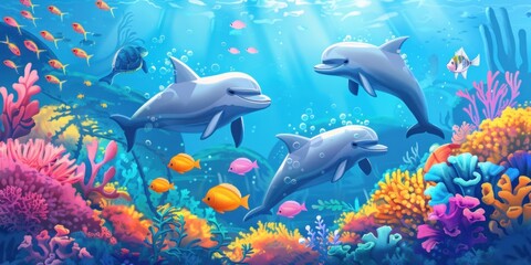 Fototapeta premium Three Dolphins Swimming Through Vibrant Coral Reef