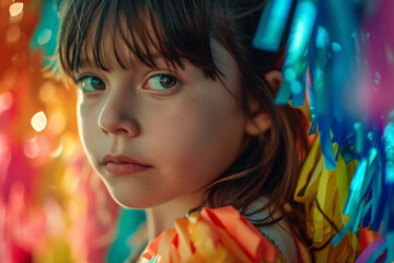 Spanish mexican traditional holiday with hitting colorful handmade pinata hanging toy, Generative AI