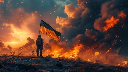 Ukrainian soldier is staying near the flag in the middle of burned and destroyed land. Ukrainian hard-won victory. 
