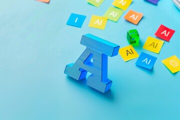 Obraz premium Creative AI block puzzle on blue background, representing artificial intelligence in education, creativity, and learning