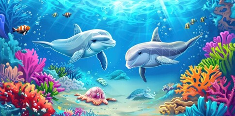 Fototapeta premium Dolphins and Sea Turtles Swim Through a Colorful Coral Reef