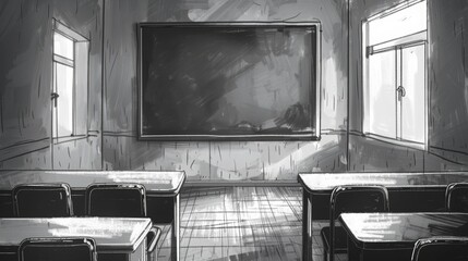 Educational Stillness - Black and White Sketch of an Empty Classroom with Desks and Chalkboard for Text, Monochrome Illustration