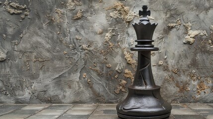 iron statue of a chess queen against a textured stone backdrop