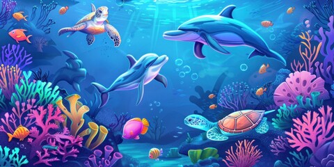 Underwater Paradise with Dolphins and Turtles