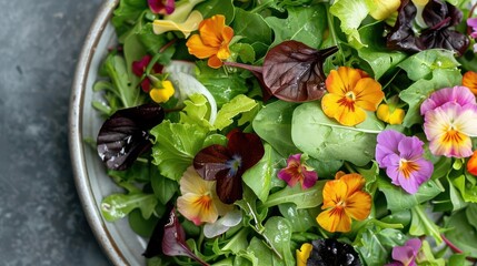 Mixed green salad with edible flowers, Garden style, fresh and pastel hues, watercolor, delicate and refreshing look
