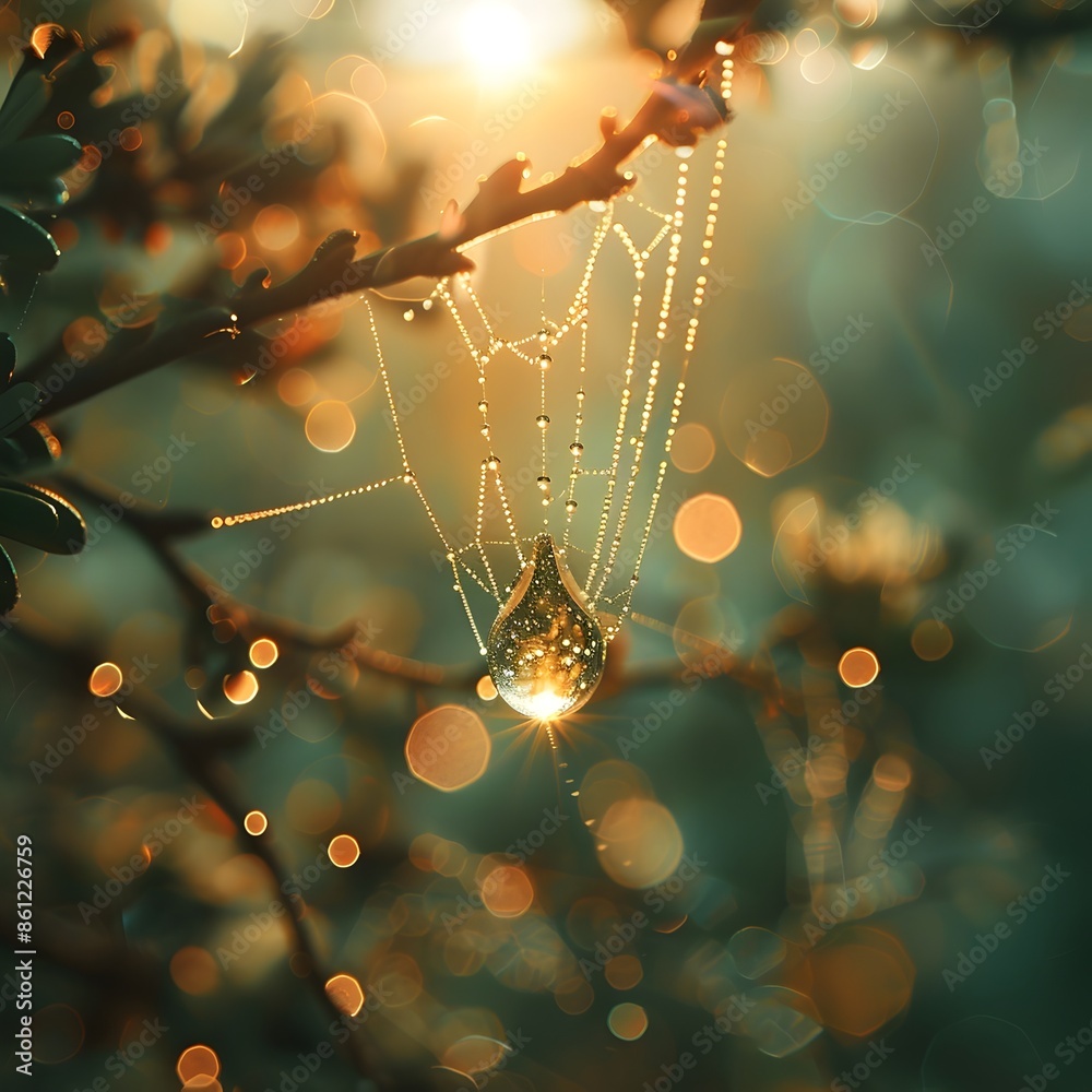 Canvas Prints glistening water drop on delicate spider web illuminated by sunlight