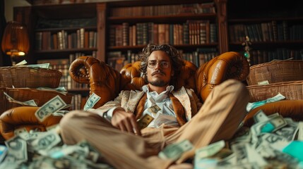 Portrait of a young confident man sitting, surrounded by cash dollars in the library room, pointing to the camera. He looks like successful person who reached his goals. High quality photo