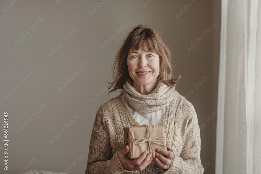 Wall mural Portrait of a smiling caucasian woman in her 40s holding a gift isolated on bare monochromatic room - Wall murals
