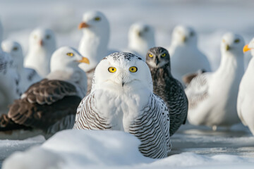 Majestic snowy owl standing on ice with gulls