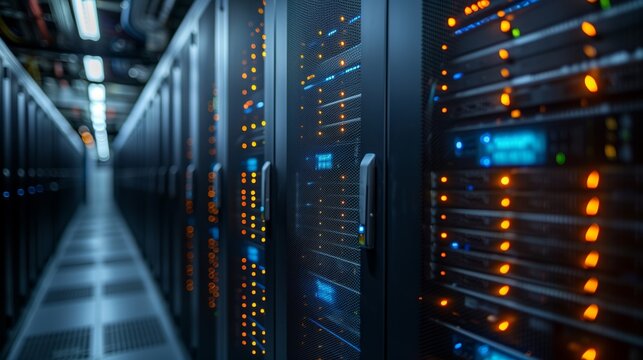 A detailed view of a contemporary data center server room with rows of high-tech equipment. Blue and orange LED lights indicate active network connections and system operations