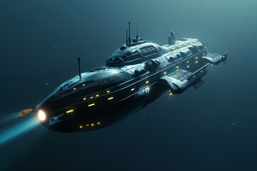 Futuristic submarine underwater with glowing lights, sleek design, exploring the deep ocean, advanced technology, powerful and mysterious, dark blue water background