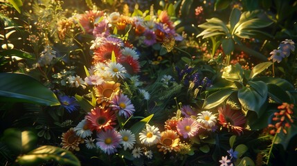 Fototapeta premium Bathed in the soft glow of dawn, the letter L materializes amidst a lush garden, its form composed entirely of an exquisite array of colorful flowers. 