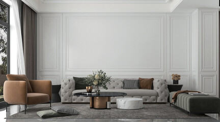 Modern luxury living room and white wall texture background interior design.3D rendering

